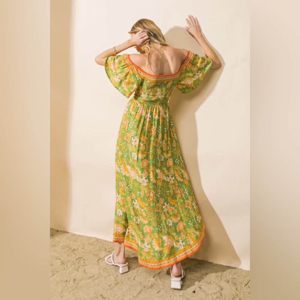 Off Shoulder Tropical Print Floral Smocked Maxi Dress - Picture 3 of 8